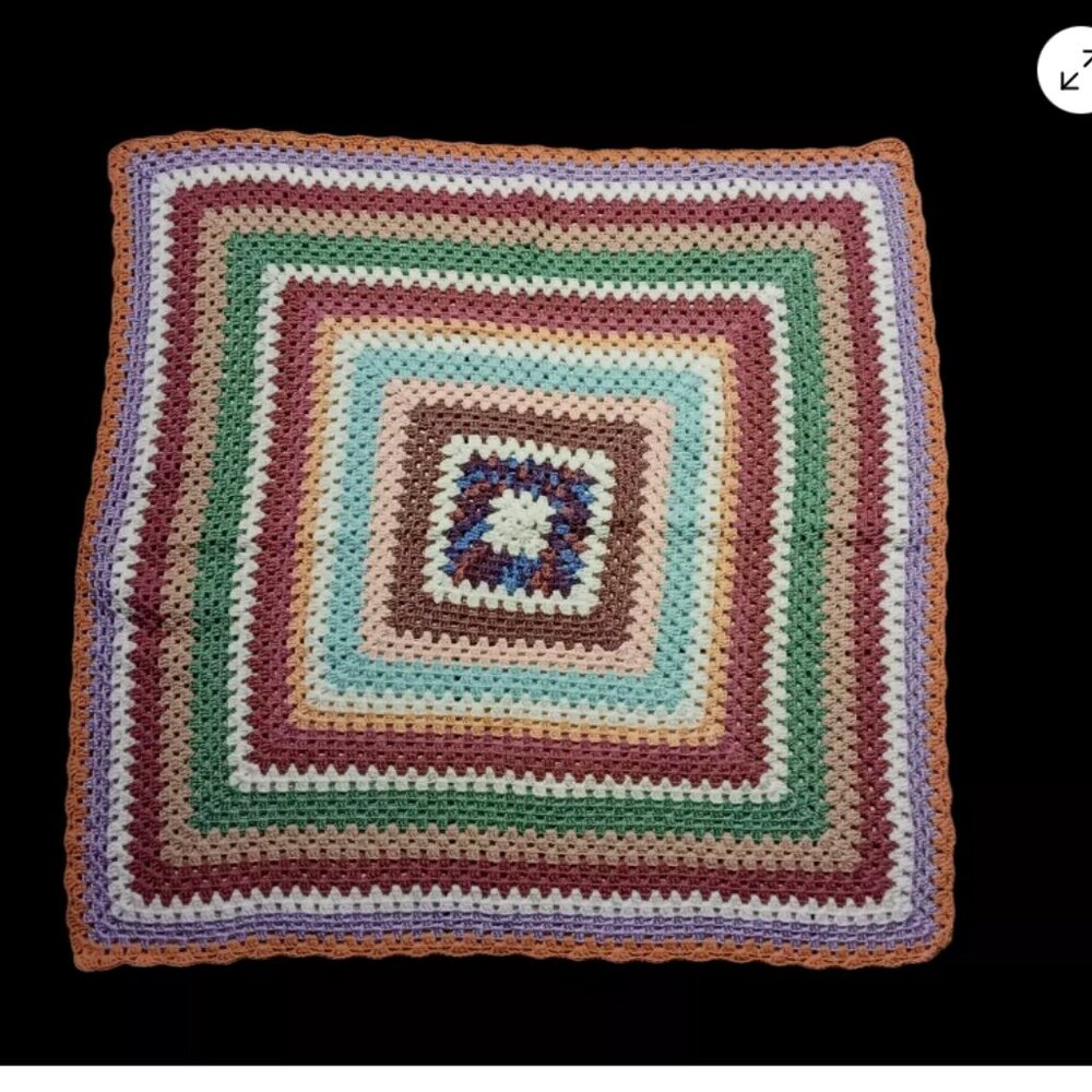 Vintage Handmade Crochet Granny Square Multi-Colored Throw Baby Blanket 45x45 in